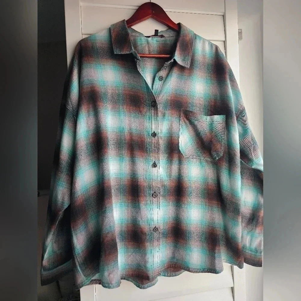 NOBO Shirt Plaid Brown Green Button Relaxed Fit size XXL